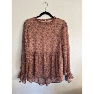 Roolee Boho Smocked Blouse Rust Long Sleeve Tie Neck Flowy Top Size Small
